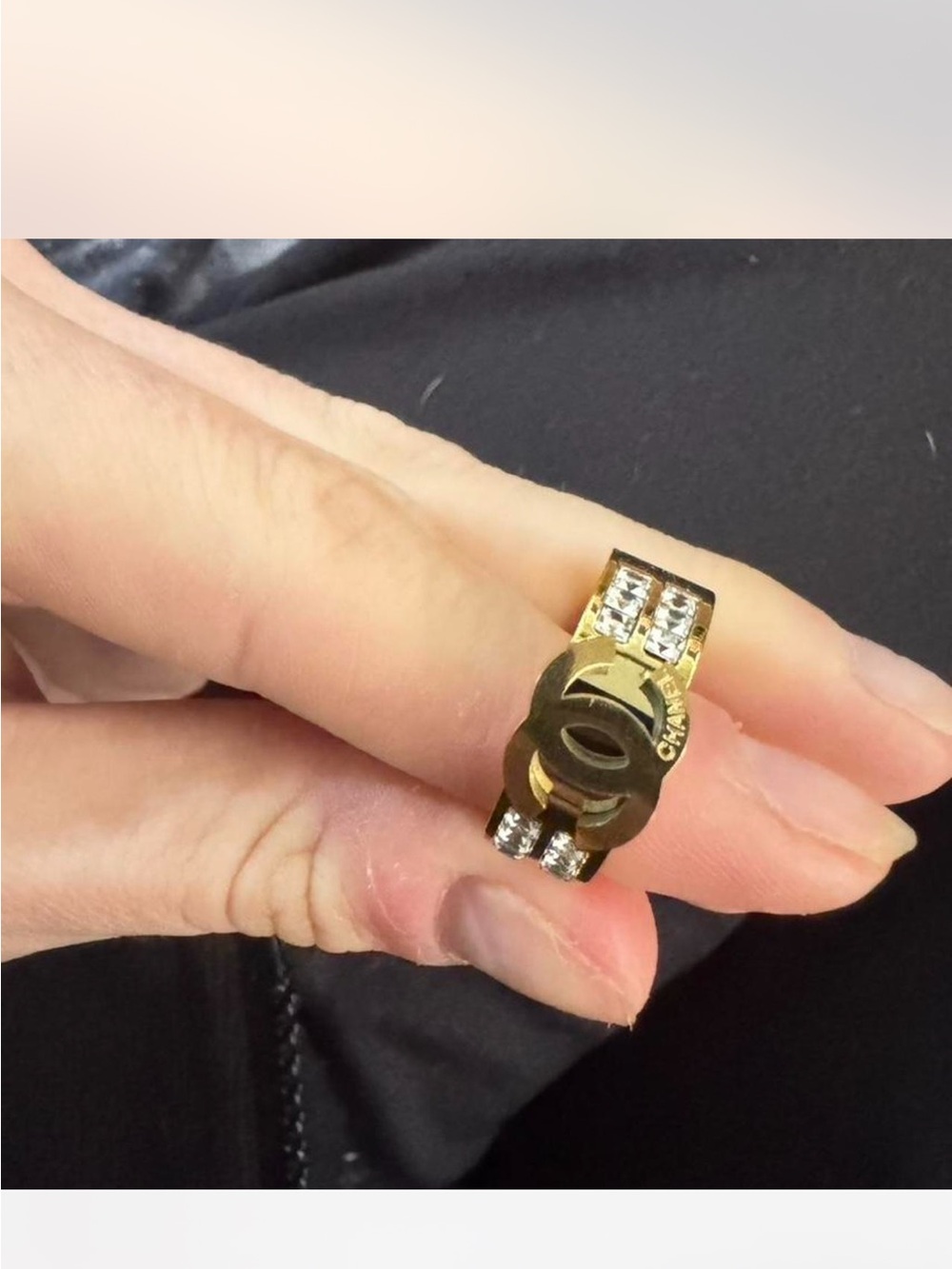 Gold-tone Logo Ring with Clear Crystals
